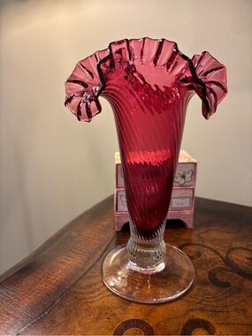 Ruffled Cranberry Glass Trumpet Vase